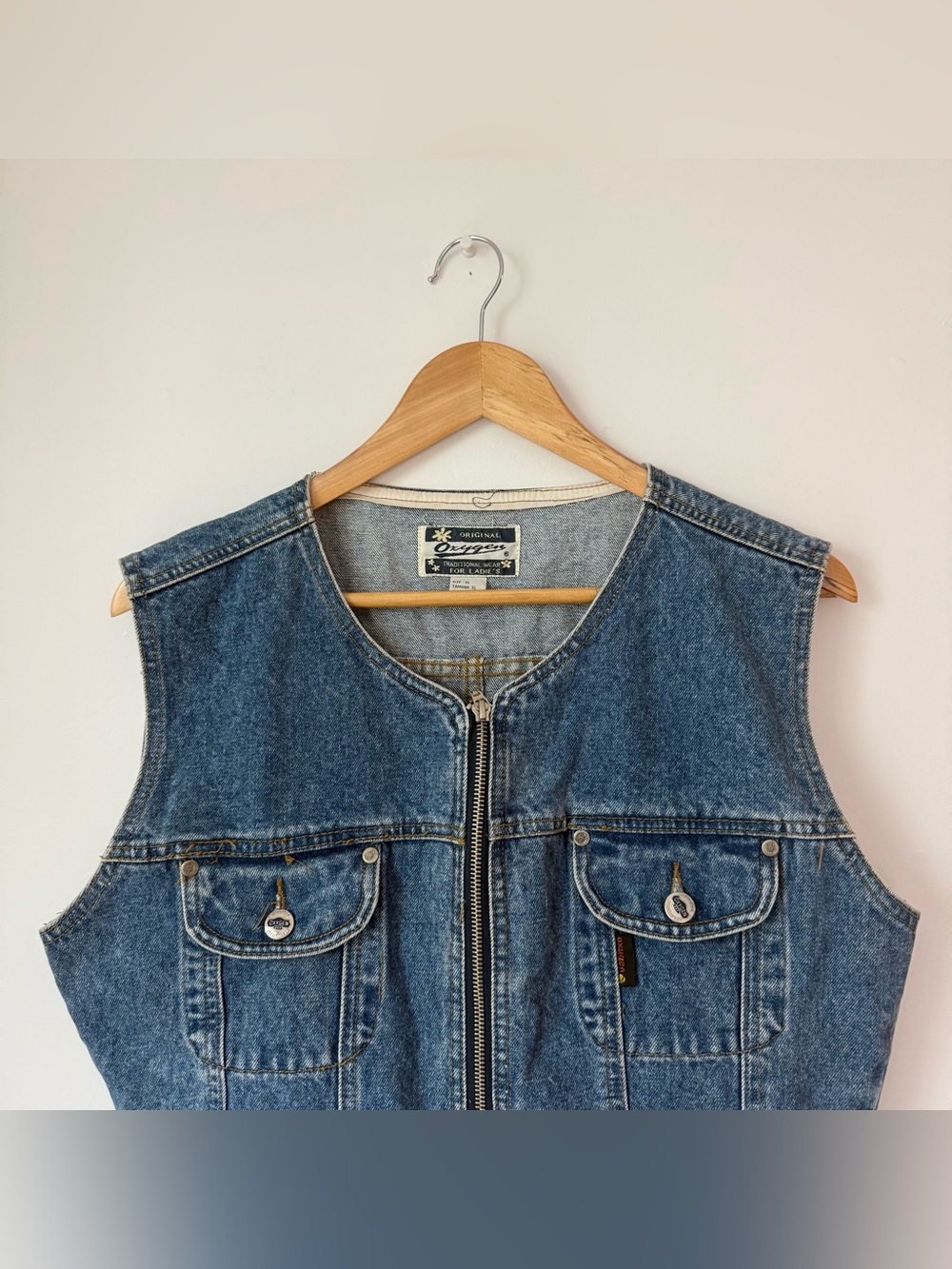 Vintage 90s Women’s Oxygen Denim Vest Zip Up Fitted Sleeveless Top XL - Picture 4 of 15